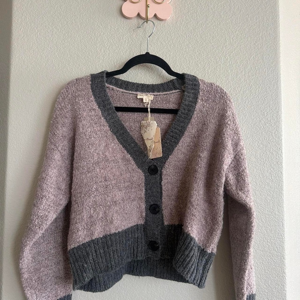 NWT gray & purple cardigan with gray trim, size S